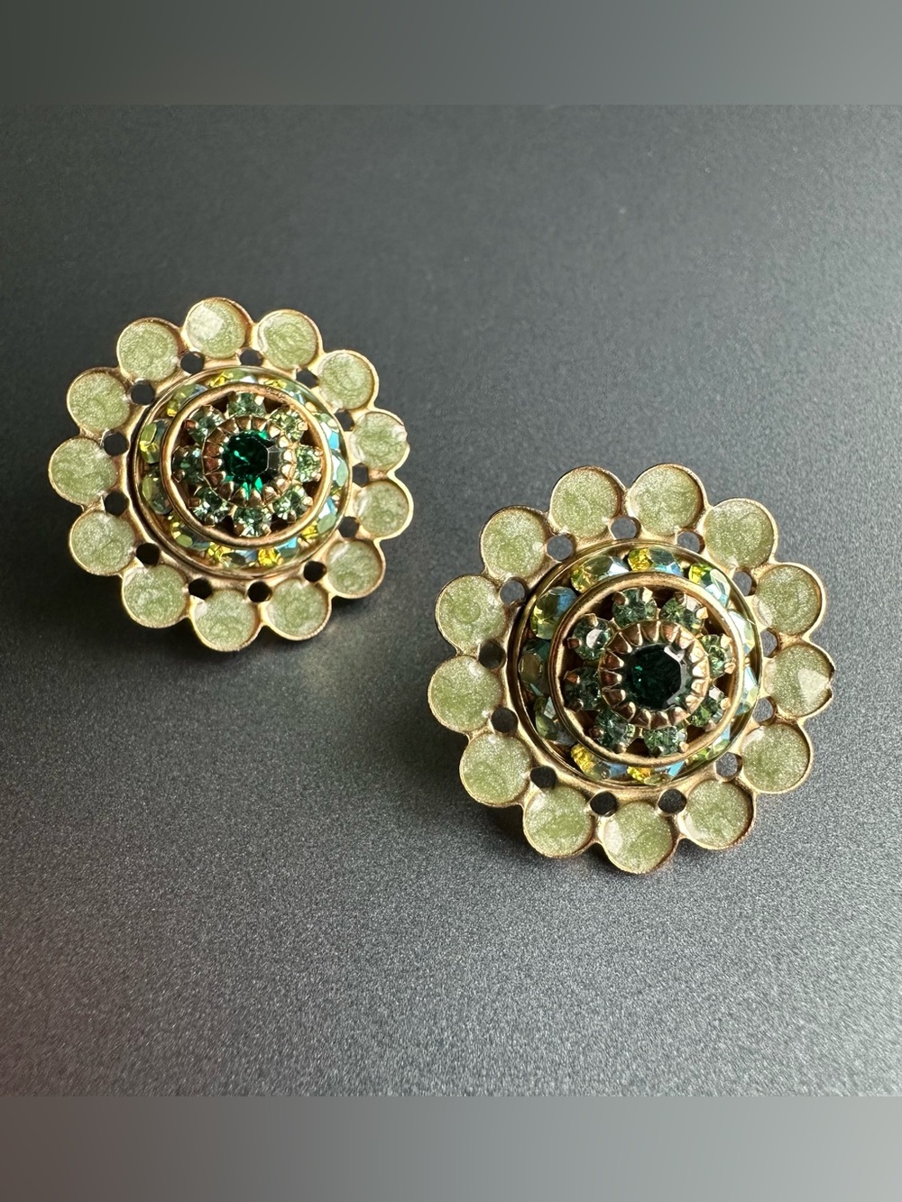 Liz Palacios Vintage Signed Green Enamel Clip On Earrings Swarovski Crystal